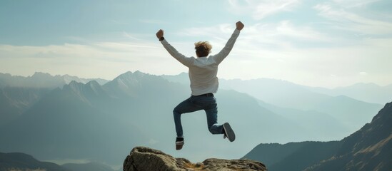 Young businessman jumping and keep arms raised in the mountain peak at sunny day. AI generated image