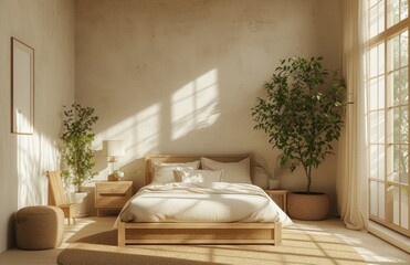 an empty bedroom with neutral furniture and fresh plants