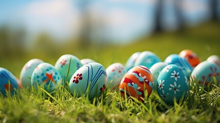 Fototapeta na wymiar Beautiful painted eggs on a fresh green field or beautiful nature landscape in spring. Happy easter day concept background. Generative AI