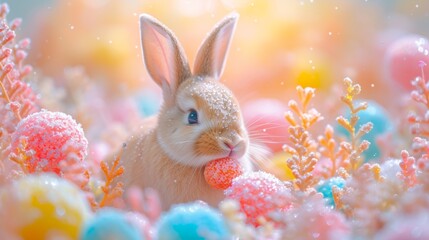 Fototapeta na wymiar A soft focus image of a bunny among pastel-colored flowers and eggs, with a dreamy, magical feel perfect for spring and Easter-themed decor.