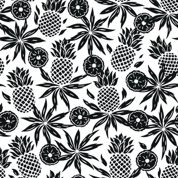 Pineapples Seamless Black White Pattern. Floral Summer Background with Pineapple Tropical Fruit, Slices and Leaves. Vector Illustration.