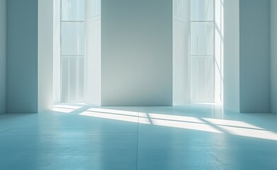an empty blue room, with a light beam above it