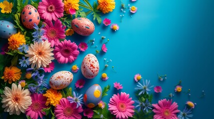 Fototapeta na wymiar A dynamic Easter sale promotion featuring a rich array of spring blooms and speckled eggs on a deep blue canvas.
