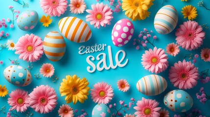 A vibrant Easter sale banner decorated with multicolored eggs and lively spring flowers on a cheerful blue background.