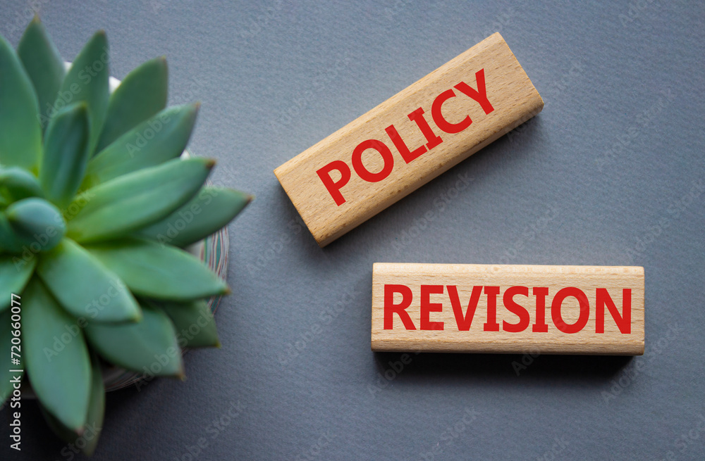 Sticker Policy revision symbol. Concept word Policy revision on wooden blocks. Beautiful grey background with succulent plant. Business and Policy revision concept. Copy space