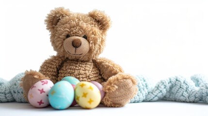 A cozy teddy bear with Easter eggs against a knitted fabric, portraying a homey and traditional Easter holiday setting.