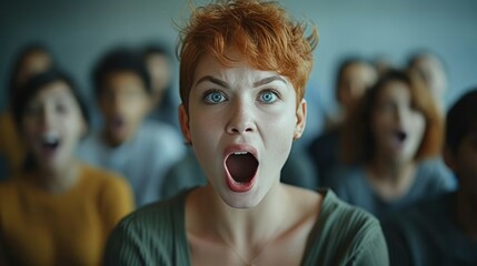 Angry red-haired teacher with short hair screams loudly and opens her mouth wide to students in class