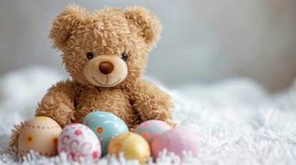 Soft teddy bear with decorated Easter eggs on a white, fuzzy background, symbolizing warmth and the festive spirit of springtime.