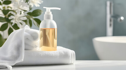 Fototapeta na wymiar Photo of liquid soap bottle with towels mockup
