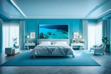 Sky blue and white combination bedroom with scenery 