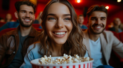 Obraz premium Beautiful young couple sitting in a cinema with a big bucket of popcorn
