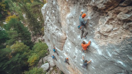 Climbers lock themselves onto a large rock. bottom view