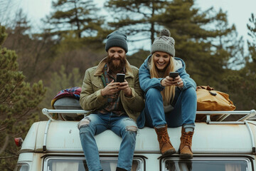 Joyful couple on camper roof, immersed in nature, happily using mobile phone, capturing and sharing moments of their outdoor adventure.