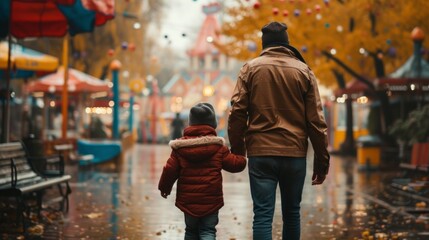 Obraz premium Dad and his son go to the park attraction