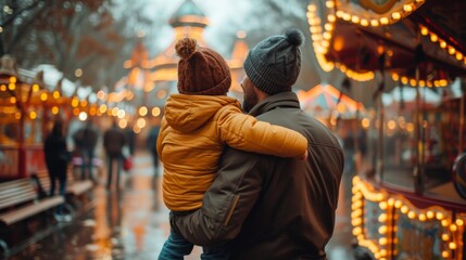 Obraz premium Dad and his son go to the park attraction