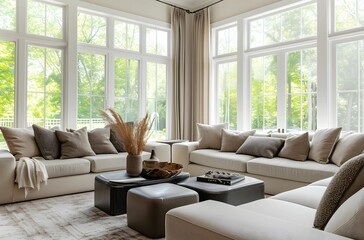 Beautiful modern white spacious room with a comfortable sofa. Living room interior. Scandinavian interior.  Large bank of windows hints at exterior view. mid-century home interior design.