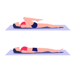 Single knee to chest exercise. Stretch out and relieve tension in lower back, hamstrings, and gluteus. Bring one knee up towards chest from lying on back position, lower back pain appeasement. Girl.