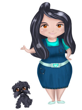 chubby girl standing and a little dog