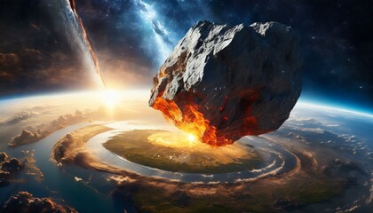Asteroide choca contra la tierra, extinción dinosaurios - obrazy, fototapety, plakaty