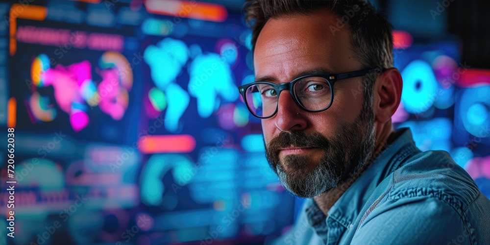 Poster e-commerce person with a colorful backdrop of digital marketing and ai graphics
