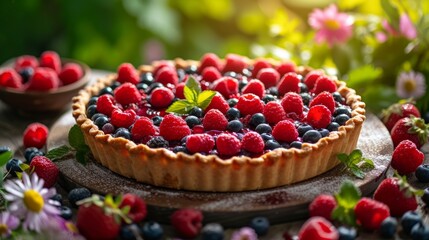 Fresh berry pie on a wooden table in a wide summer garden