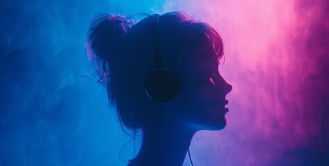 girl in earphones singing in front of blue background