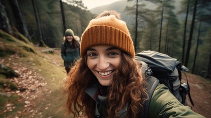 Selfie bei Outdooraktivität im Wald / Wandern