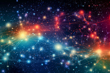 Obraz premium Cosmic Connections: A mesmerizing abstract background depicting a vibrant network of glowing nodes and lines against a backdrop of twinkling stars and cosmic nebulae, evoking the interconnectedness of