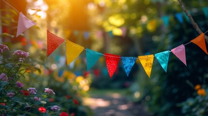  multi-colored garland in the form of triangular flags on a blurred background of a summer garden