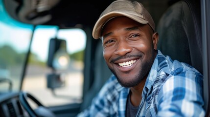 Joyful African American Driver Exiting Truck and Facing Camera