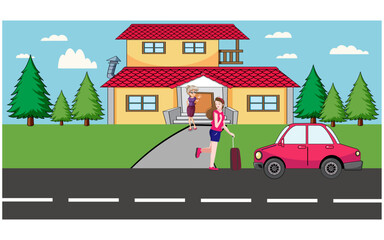 The daughter is going to college and her mother said goodbye. Flat vector illustration. 