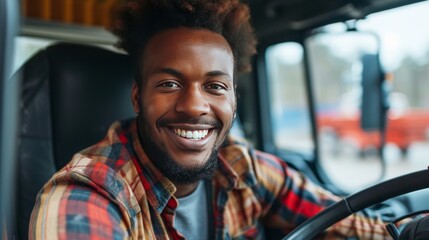 Obraz premium Joyful African American Driver Exiting Truck and Facing Camera