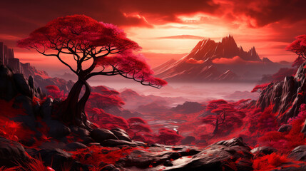 Fantasy landscape bathed in red hues featuring an iconic tree against backdrop of sharp mountains and a dreamlike sky.
