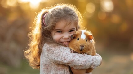 Little girl holding a cute guinea pig in her arms