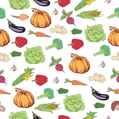 Seamless texture with colorful vegetables. Design of packaging, wrapping paper. Vector illustration