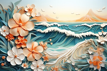 Fototapeta na wymiar Sea waves with flower blossoms. Nature background in paper cut style. Generative AI