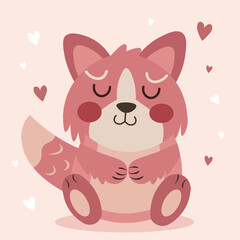 Scandinavian-style, love-struck fox in pink, with closed eyes, furry and surrounded by several hearts—an adorable character suitable for children's stories. Vector illustration