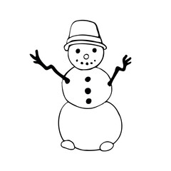 Snowman with a bucket on his head. Minimalist black line illustration, sketch. Element for cards and decorations. Vector illustration.