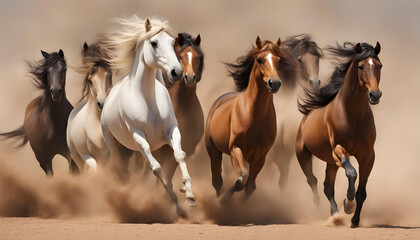 Horses with long mane portrait run gallop in desert dust