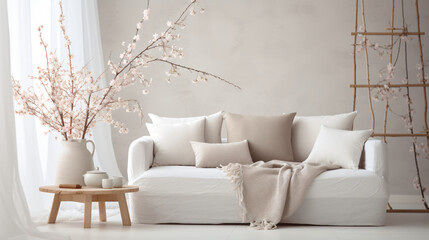 Stylish living room with vase and blooming cherry, sofa, interior, furniture, room, couch, home, wall, design, living, comfortable, leather, house, apartment, 3d, chair, floor, seat, luxury