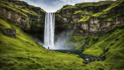 Scenic view of a hiker contemplating waterfall during vacation in iceland. Travel and adventure concept