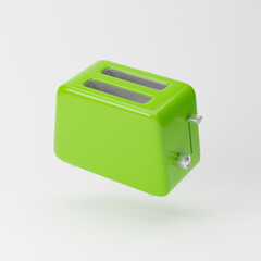 Falling green toaster isolated over white background. 3D rendering.