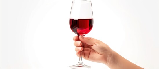 Hand holding red wine glass isolated white background. AI generated