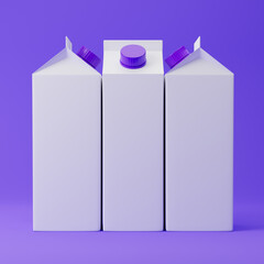 Milk carton packs isolated over purple background. Dairy products concept. Mockup template. 3d rendering.