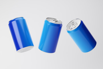 Falling blue aluminum soda cans isolated over white background. Mockup template. 3d rendering.