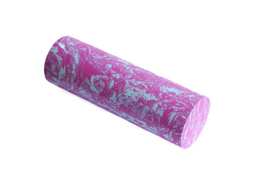 A blue-pink massage foam roller isolated on a white background. Close-up. Foam rolling is a self myofascial release technique. Concept of fitness equipment.