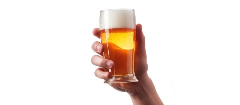 Hand holding beer glass isolated white background. AI generated