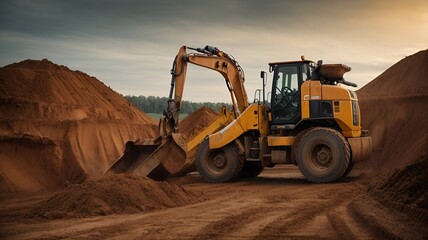 Obraz premium Wheel loader excavator with backhoe unloading clay. Generative AI