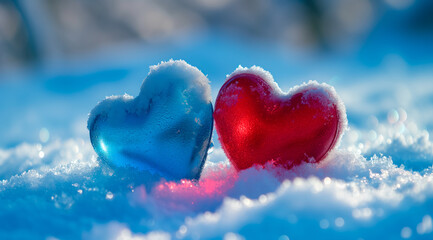 Fototapeta premium Poster or banner of two hearts sitting on the snow covered ground under light. Vibe of Valentine day and romantic