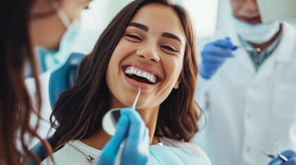 patient is smiling and interacting with a dental professional in a dental clinic